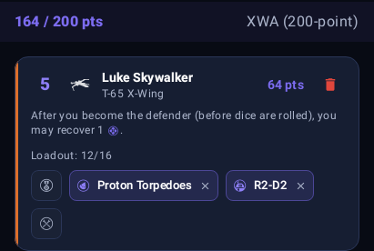 Squad builder: points bar reading 164 of 200, above Luke Skywalker with Proton Torpedoes and R2-D2 equipped and one empty slot.
