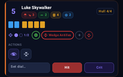 A ship card in play: Luke Skywalker with shield and charge pips, tokens, actions, and the Set dial, Hit and Crit buttons.